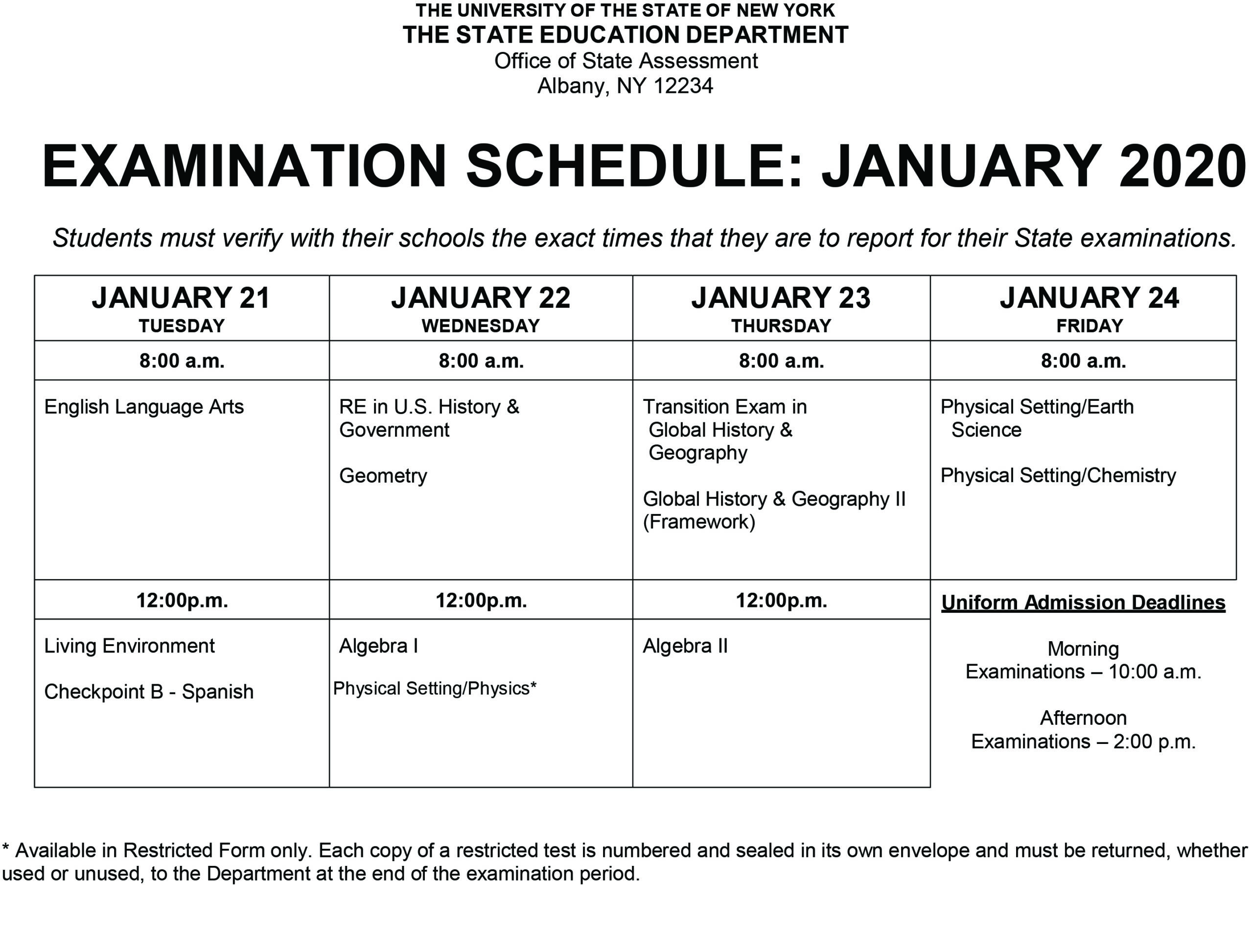 January 2020 Regents Exam Schedule