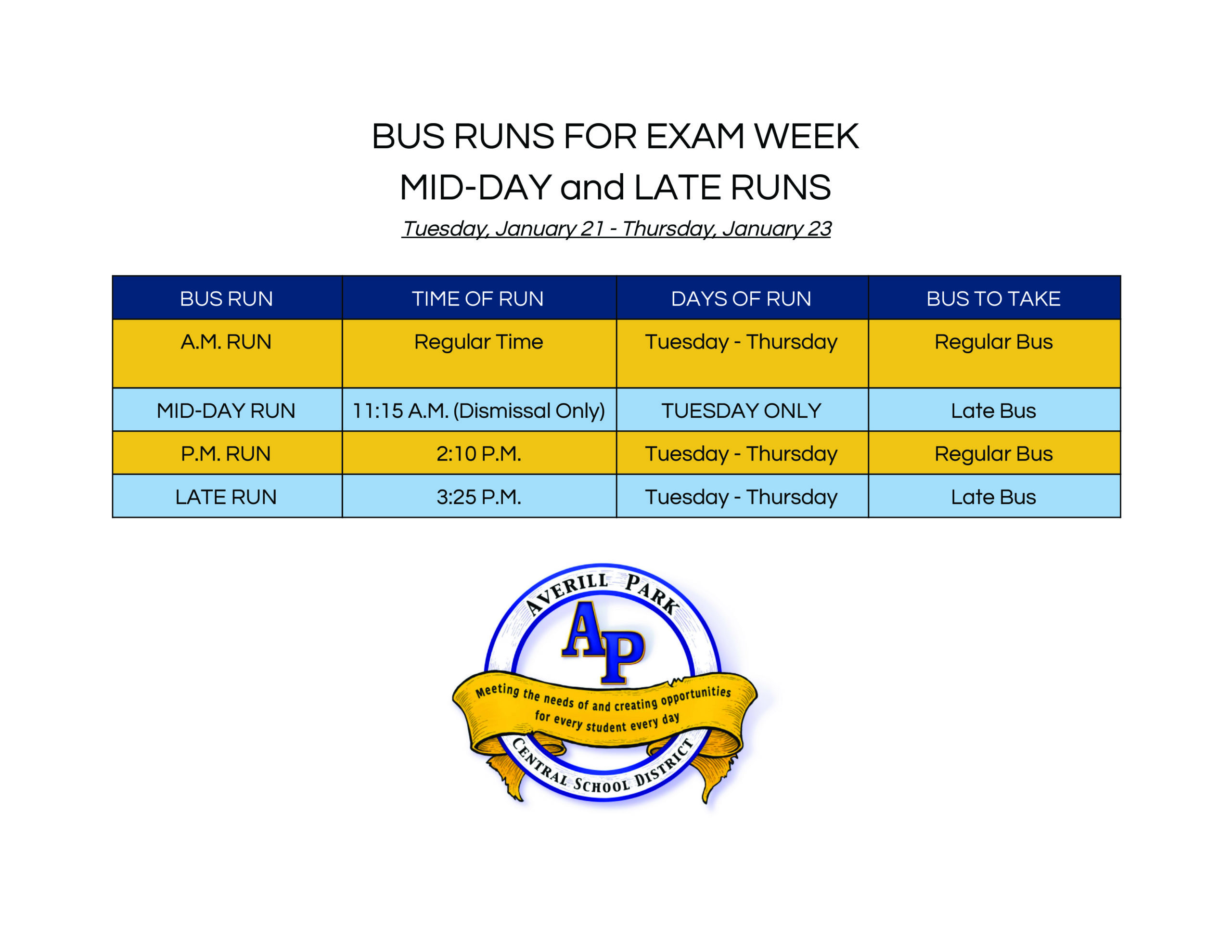 BUS RUNS FOR EXAM WEEK 2020