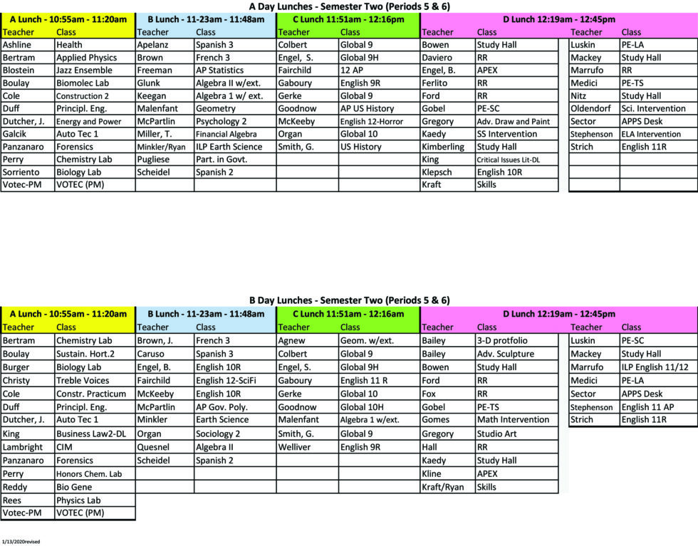 Semester 2 High School Lunch Schedule Averill Park Central School