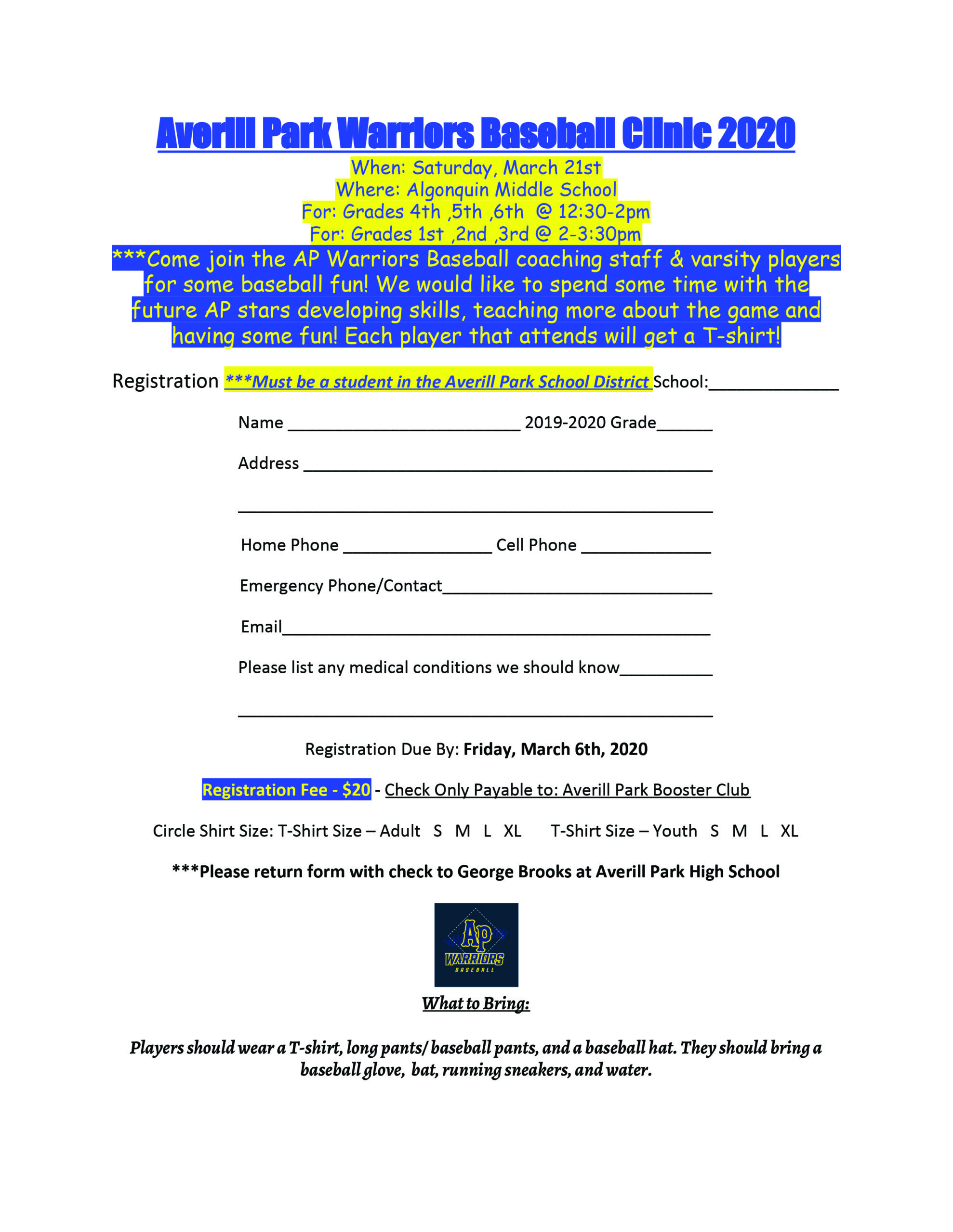 Averill Park Warriors Baseball Clinic 2020