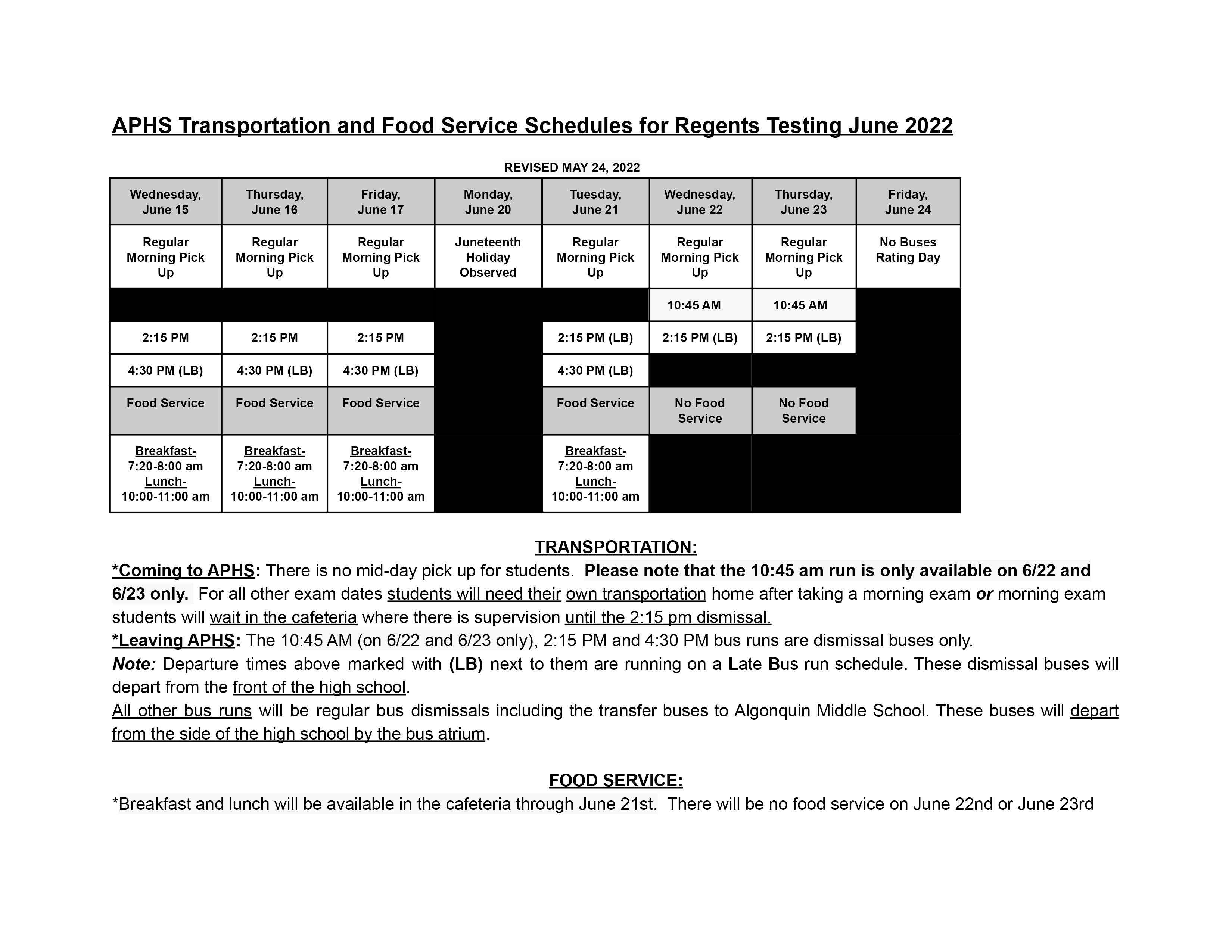 APHS Transportation Food Service SchedulesRegents Testing June 2022