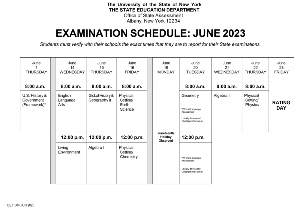 APHS June 2023 Regents Exams Schedule Averill Park Central School