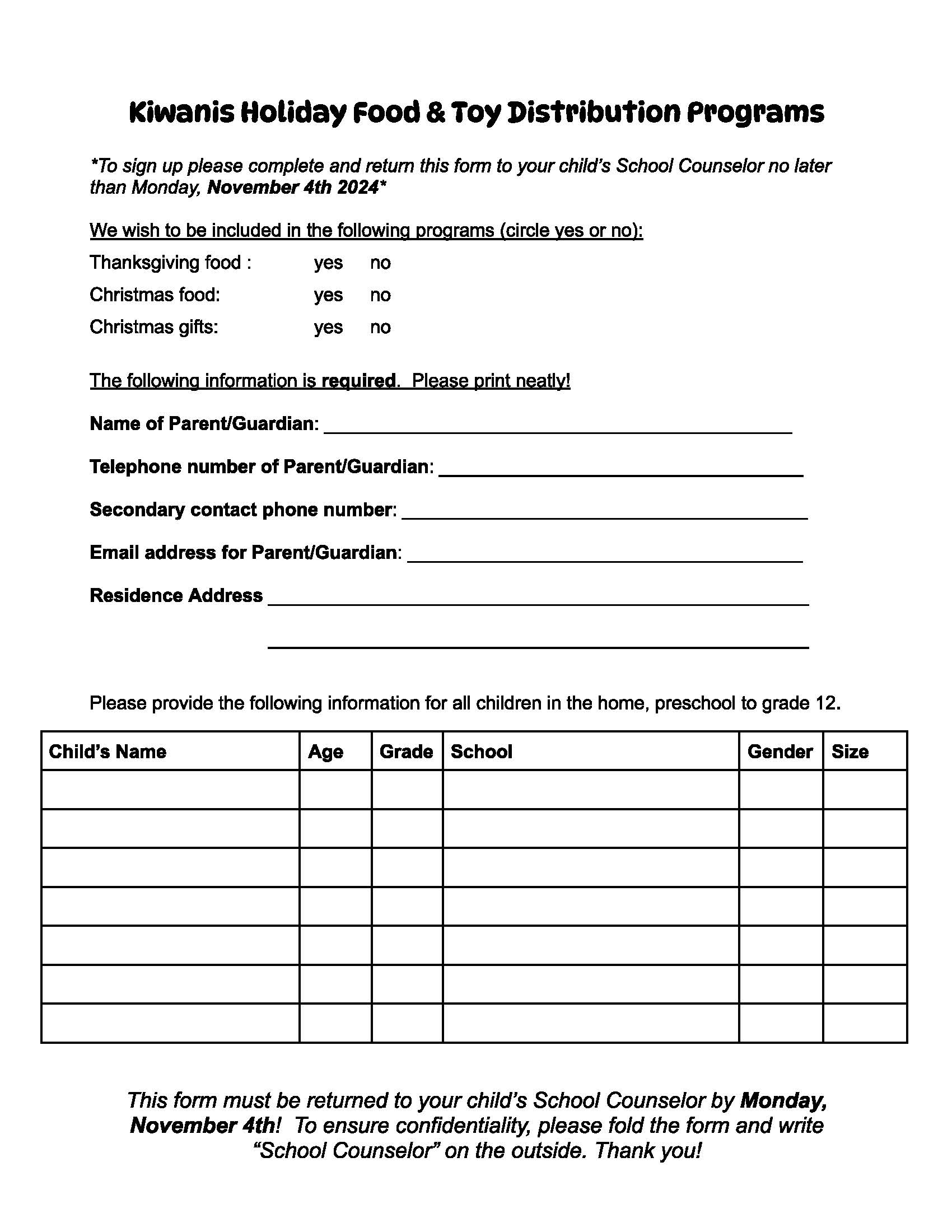 Kiwanis Holiday Food and Toy Registration Form Averill Park Central